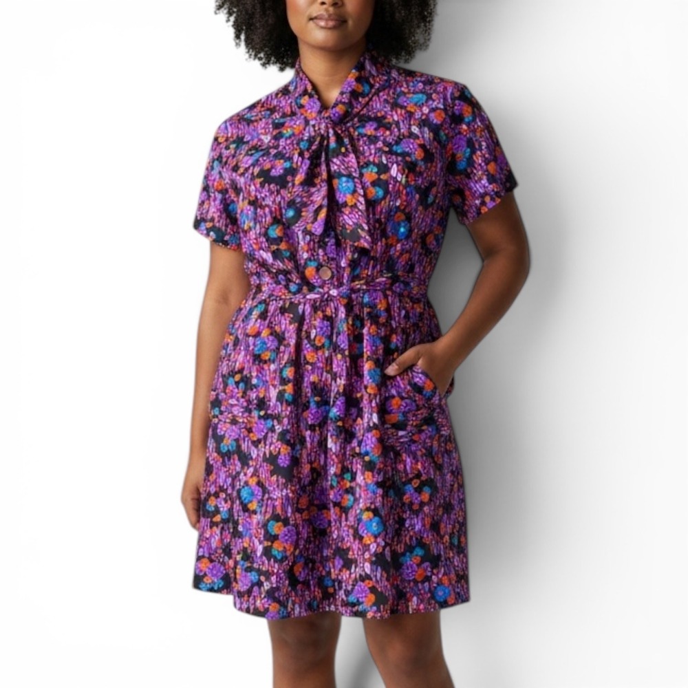Ruby Lou Vintage Floral Mini Dress Tie‎ Neck  Mod Retro Front Bow Purple Large
